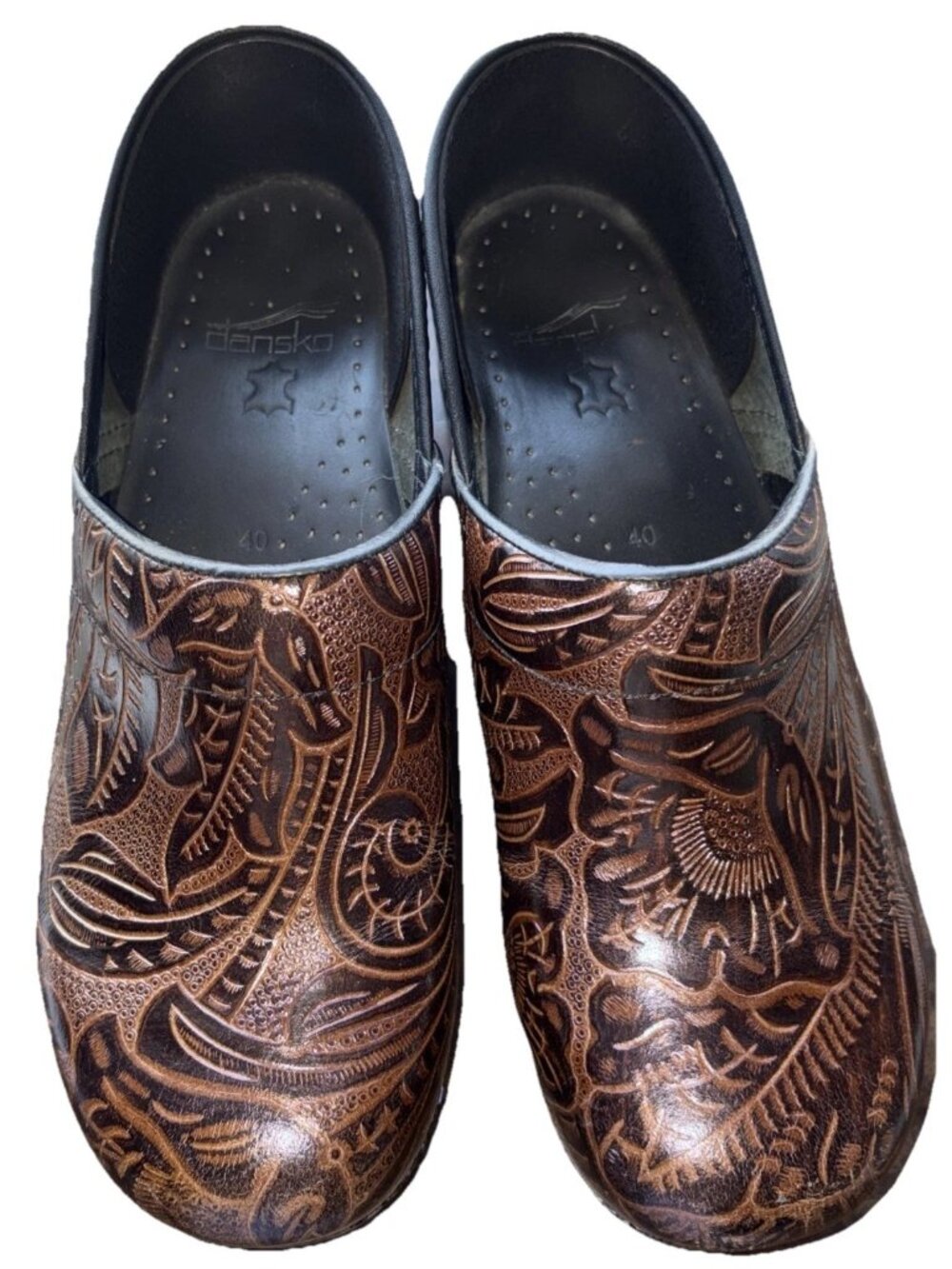 DANSKO Original Clog  Tooled Leather Print 40 US 7.5”Healthcare Nursing Shoe EUC